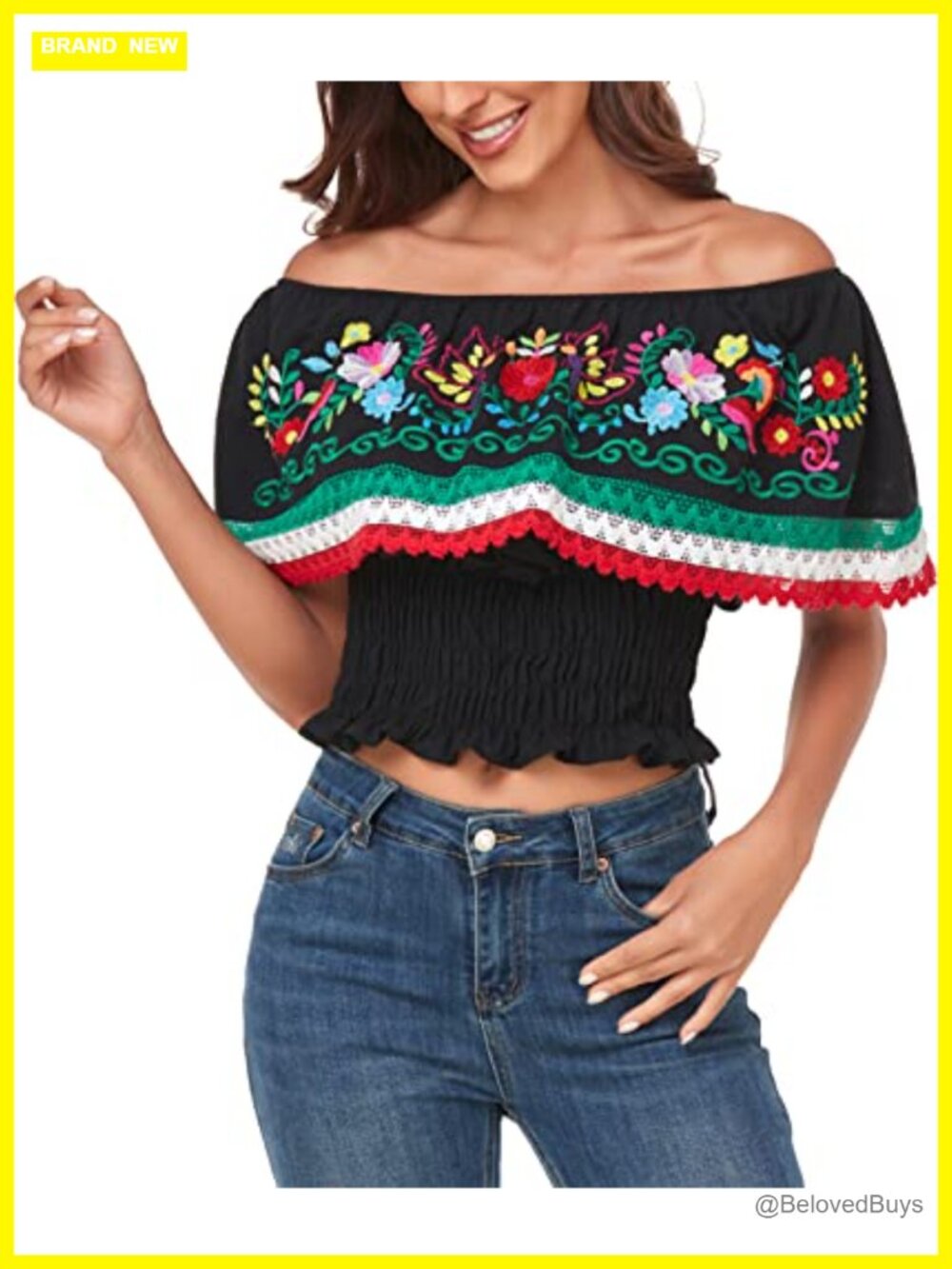 Mexican Embroidered Off-Shoulder Cotton Peasant Top Lace Falbala Blouse